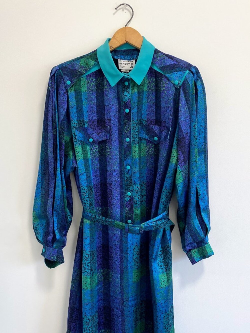 Vintage Satin Blue + Turquoise Button Up House Dress / 80s / Made in Canada - Picture 2 of 15